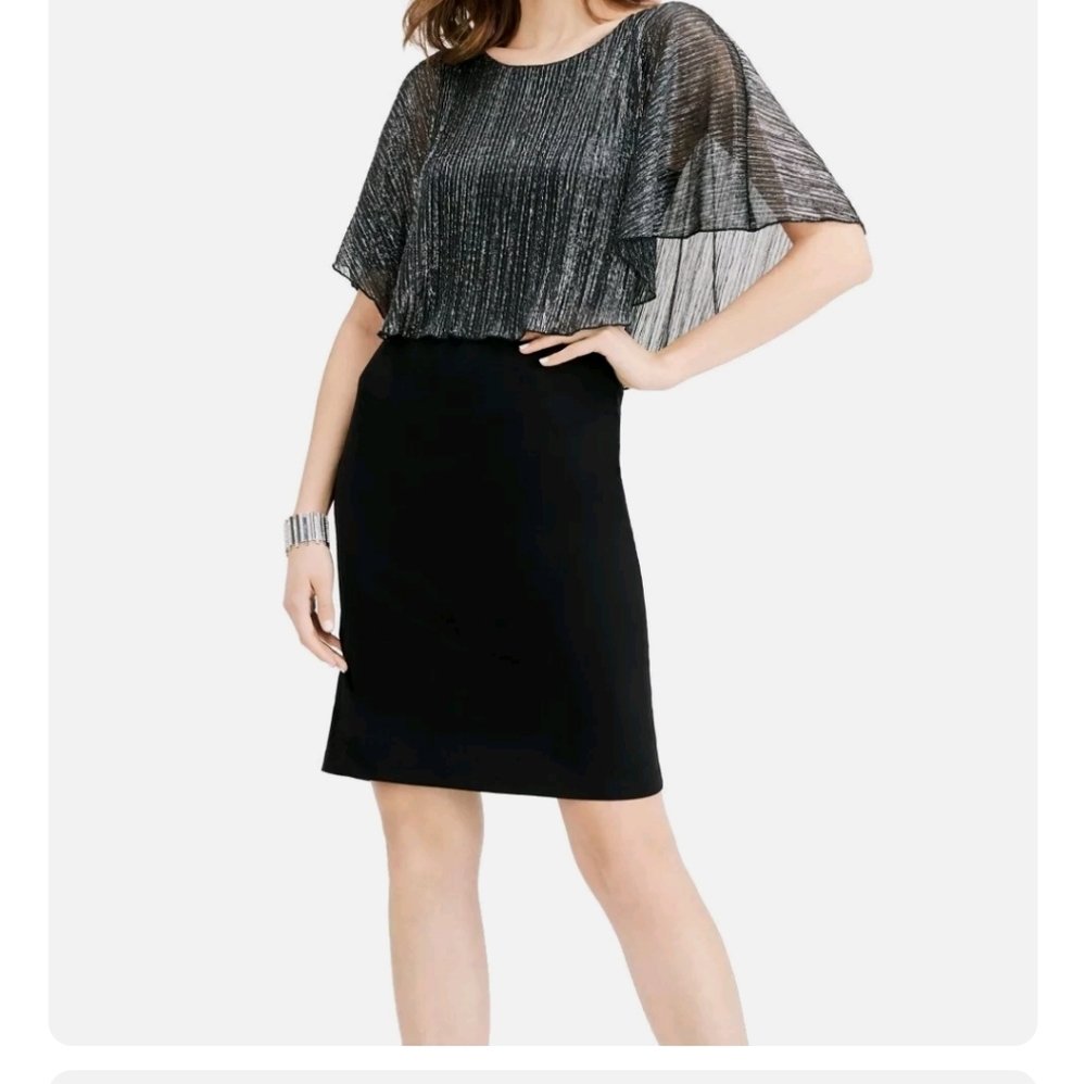 Connected Apparel black & sheer Metallic silver pleated poncho shift dress